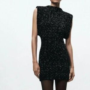 Zara FW23 Black and Silver Sequin Mini Dress with Shoulder Pads, Small